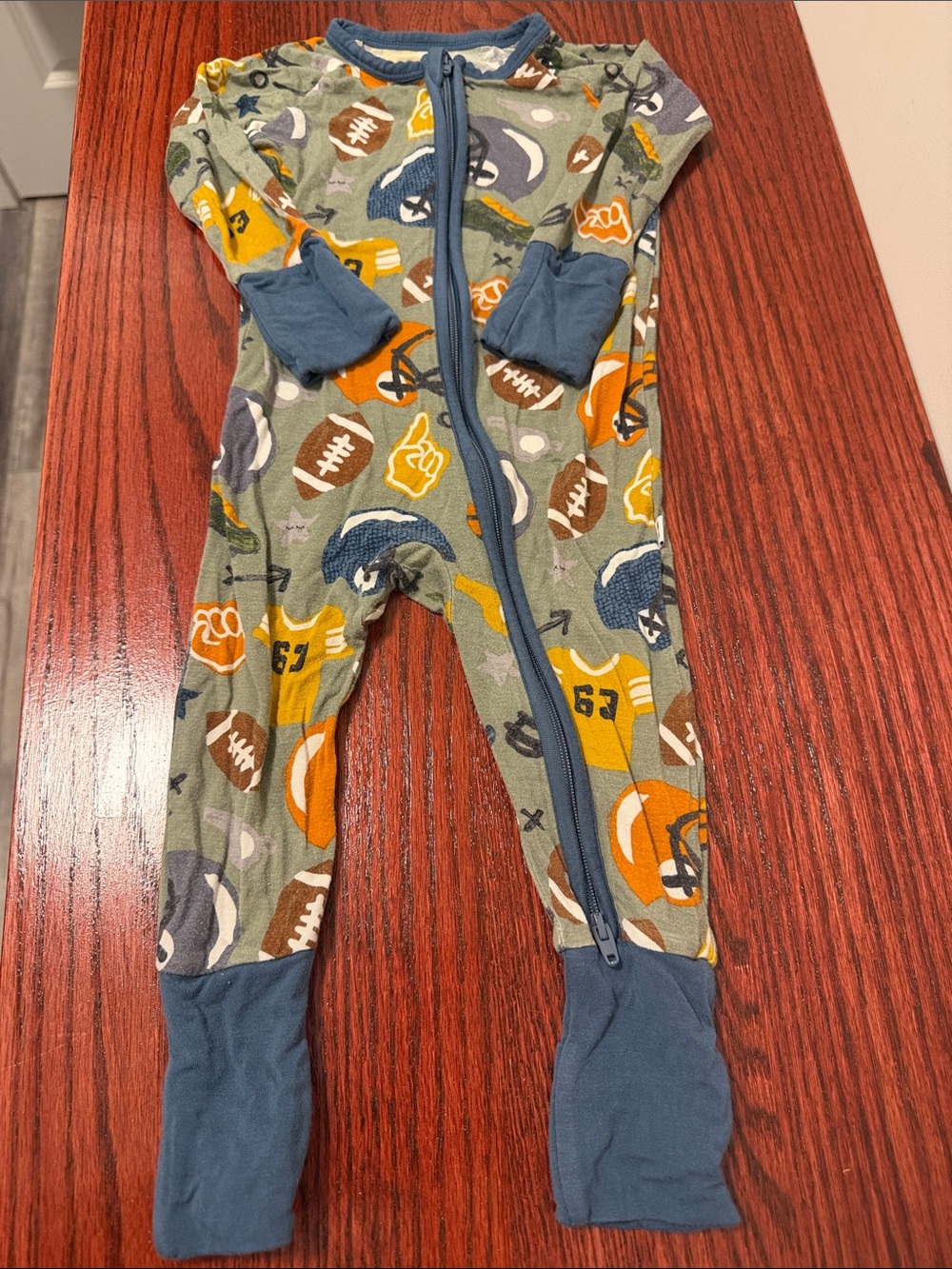 3-6 month Green & Blue Football Print One-Piece Pajamas